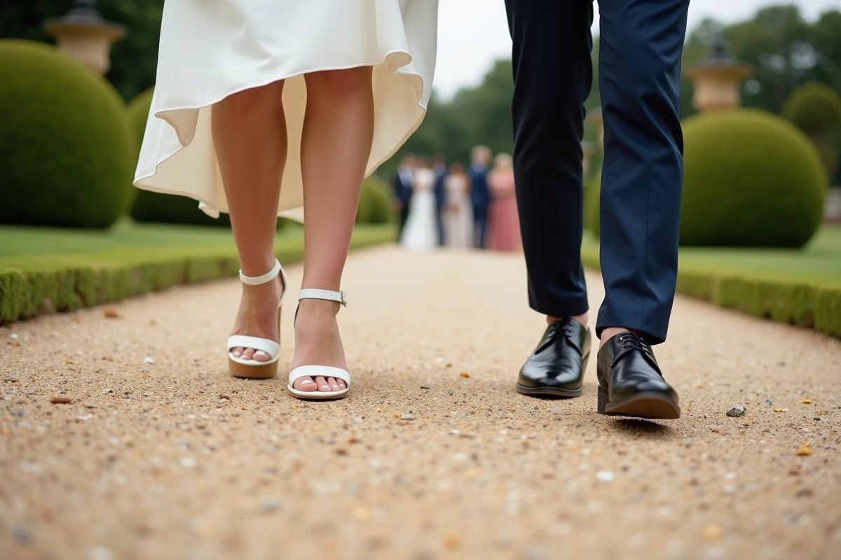 Pieds de mariés en marche sur une allée de gravier, chaussures blanches à bride de mariée et richelieus noirs, réception en jardin à la française