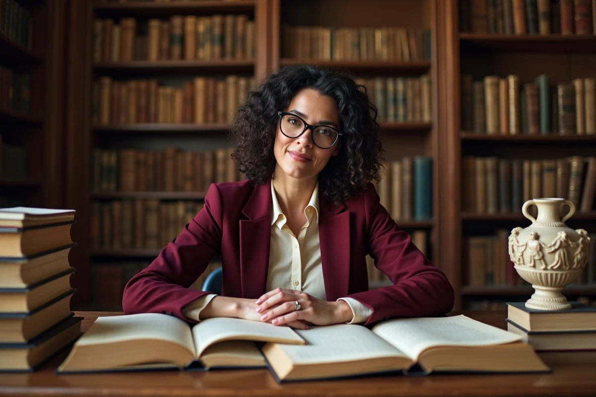 Chercheuse spécialisée en mythologie grecque étudiant des manuscrits anciens sur Héra dans une bibliothèque universitaire