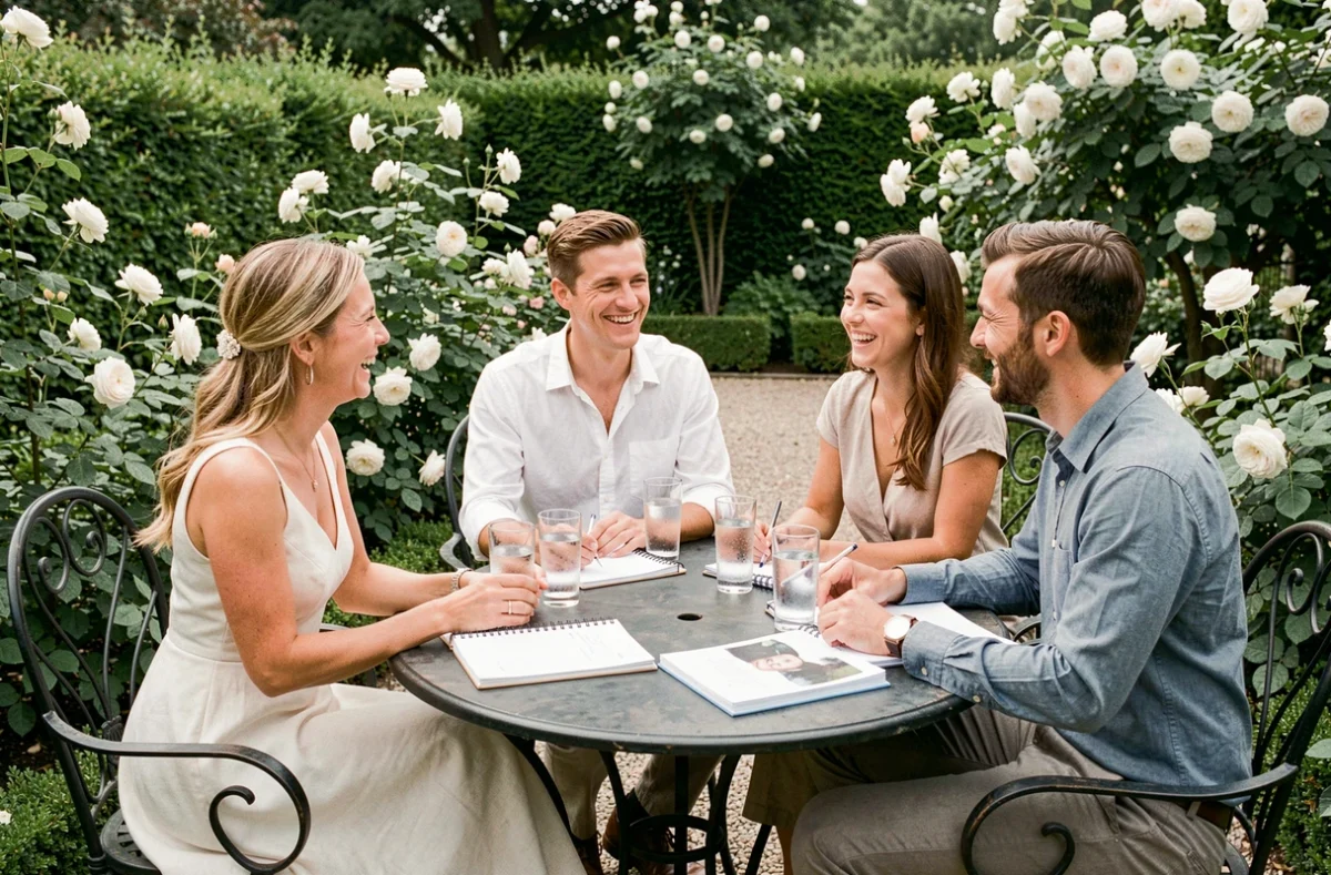 Mariés et témoins discutant du nombre de témoins idéal pour un mariage dans un jardin fleuri lors d'une réunion détendue