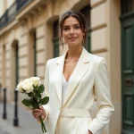 Femme portant une combinaison blanche élégante pour mariage civil devant un immeuble haussmannien à Paris