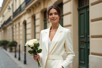 Femme portant une combinaison blanche élégante pour mariage civil devant un immeuble haussmannien à Paris