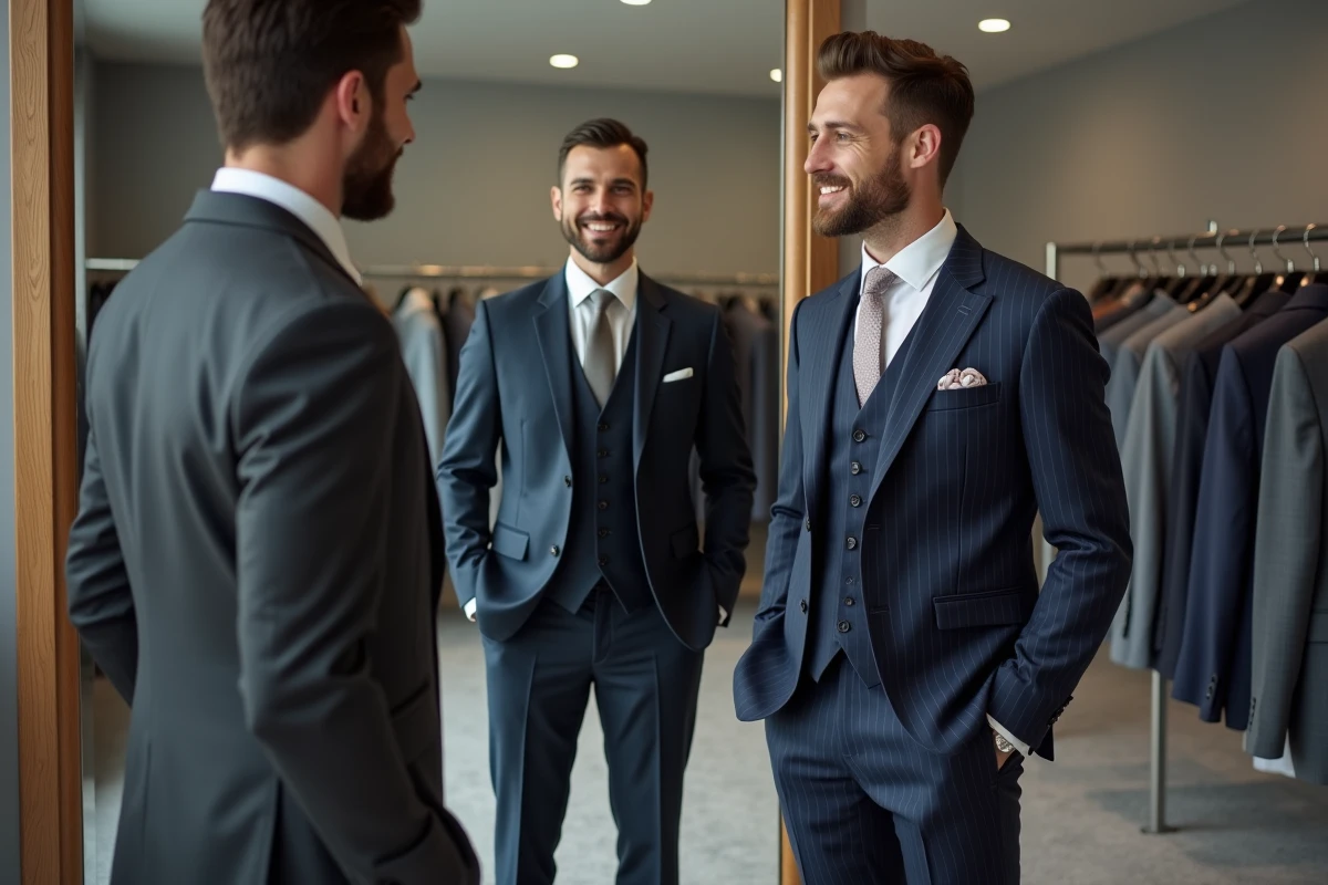 Deux hommes comparant des costumes de marié en location devant un miroir dans une boutique de mariage