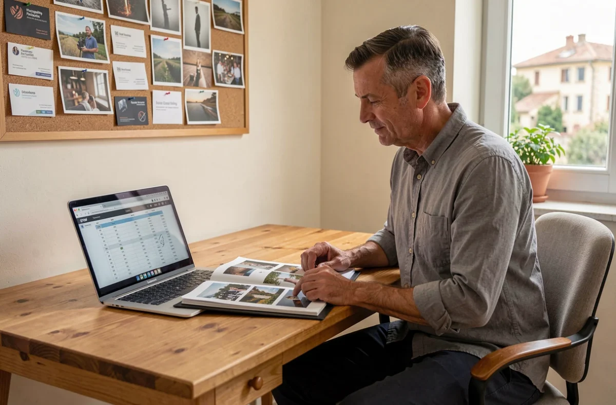 Photographe assis à son bureau à Carros comparant des offres locales sur un ordinateur portable et un portfolio imprimé