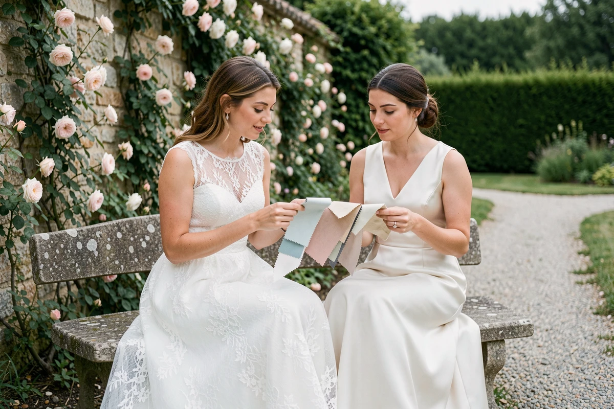 Deux mariées comparant une robe en dentelle blanche et une robe en satin dans un jardin de campagne française