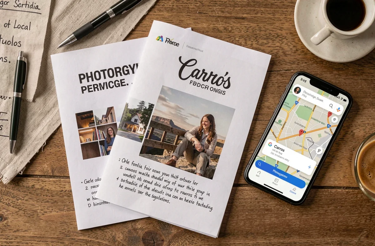 Vue de dessus de brochures de photographes locaux à Carros avec des notes de comparaison manuscrites sur une table en bois