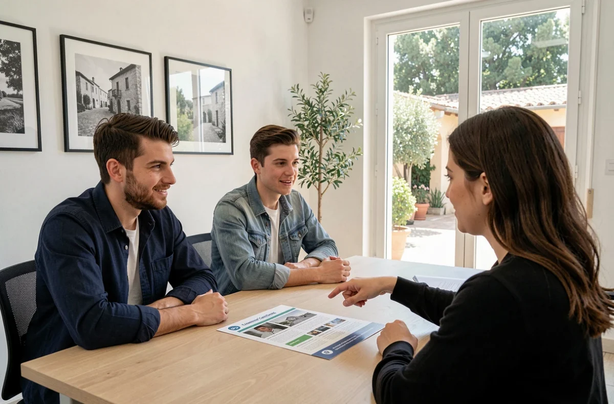 Couple en consultation avec une photographe locale à Carros pour comparer des formules de reportage photo