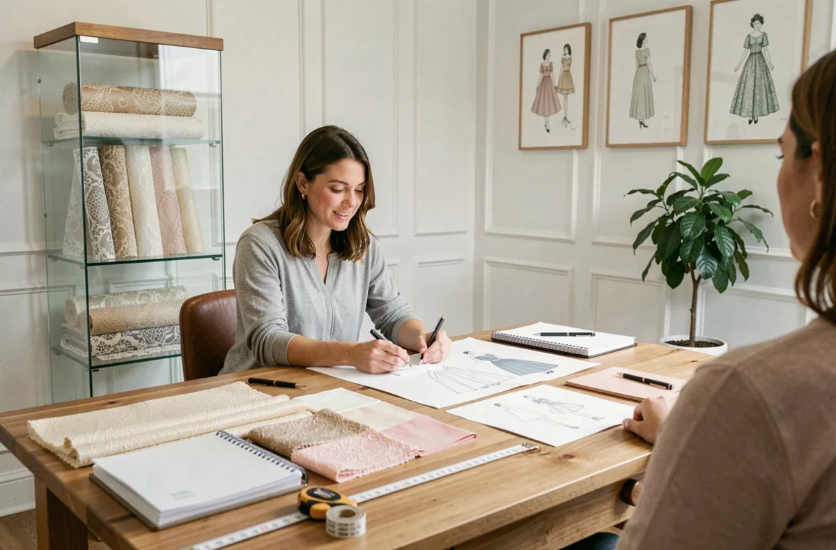 Femme consultant des échantillons de tissu et des croquis lors d'un rendez-vous pour une robe de mariée sur mesure dans une boutique de mariage