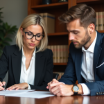 Femme et jeune homme discutant d'un contrat de mariage au notaire