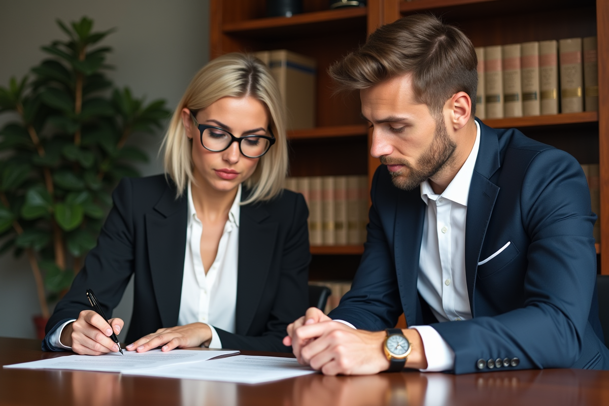 Femme et jeune homme discutant d'un contrat de mariage au notaire