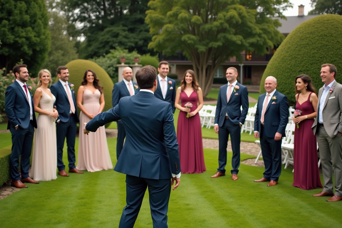 Groupe d invités lors de la fête de mariage en extérieur