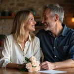 Couple fêtant 17 ans de mariage autour d'une table en bois avec une carte de vœux et des roses roses