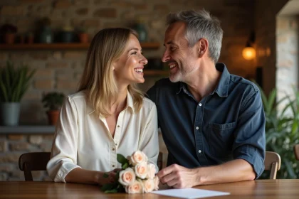 Couple fêtant 17 ans de mariage autour d'une table en bois avec une carte de vœux et des roses roses