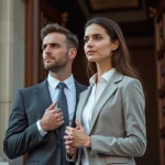 Homme et femme en tenue d'affaires élégante devant un hall de ville