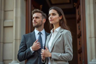 Homme et femme en tenue d'affaires élégante devant un hall de ville
