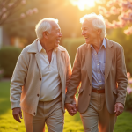 Couple âgé main dans la main dans un jardin en fleurs