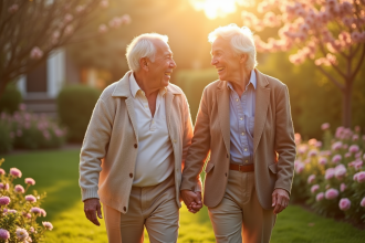 Couple âgé main dans la main dans un jardin en fleurs