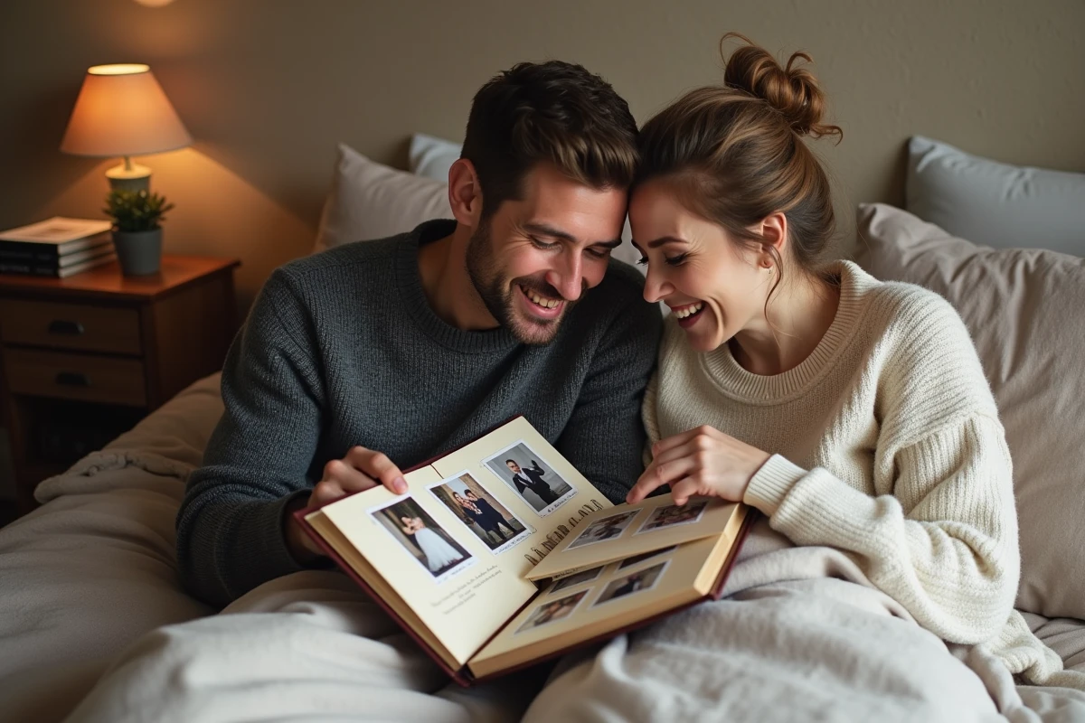 Couple allongé sur un lit feuilletant un album souvenir de mariage lors d'un rituel d'anniversaire du soir