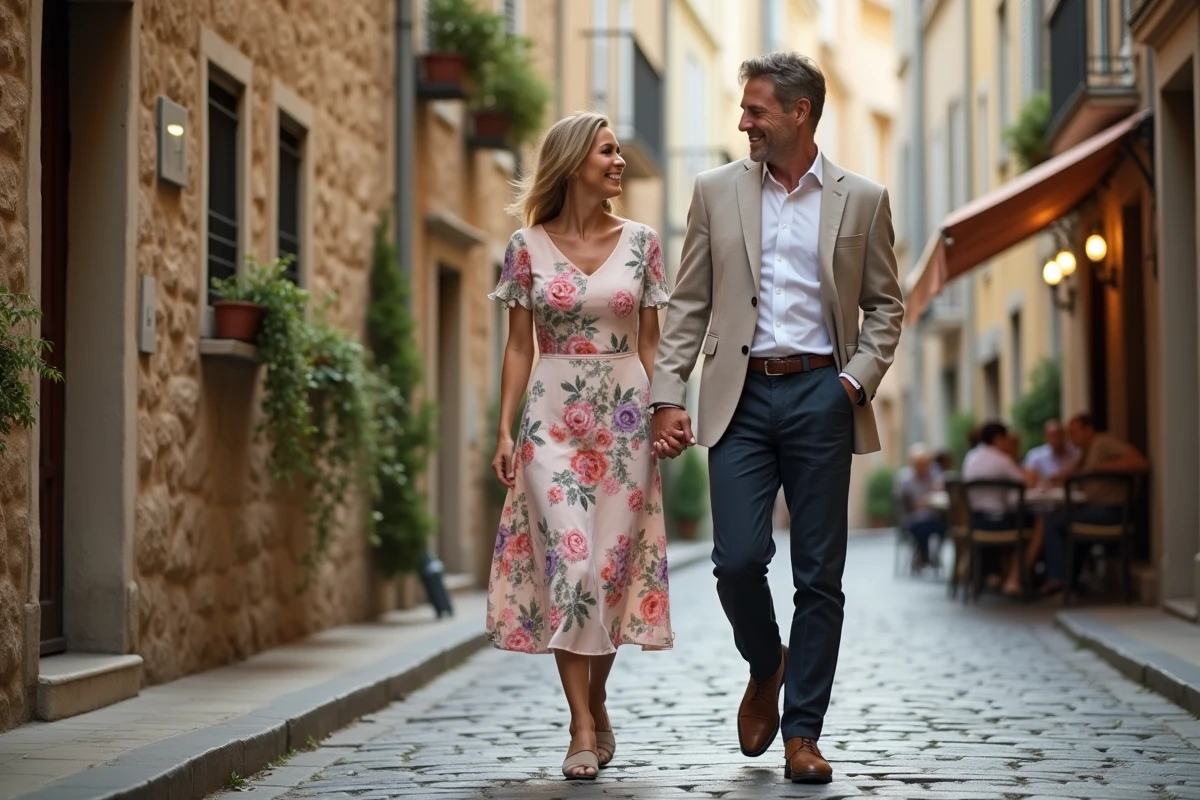 Couple marié depuis 17 ans se promenant dans une rue pavée lors d'une sortie anniversaire romantique