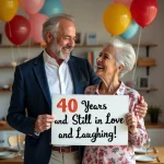 Couple souriant avec panneau anniversaire 40 ans
