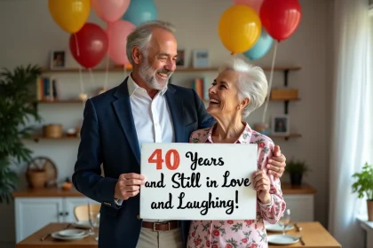 Couple souriant avec panneau anniversaire 40 ans