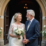 Couple mature célébrant leur anniversaire de mariage religieux devant une église en pierre décorée de fleurs blanches