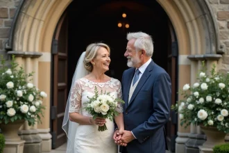 Couple mature célébrant leur anniversaire de mariage religieux devant une église en pierre décorée de fleurs blanches