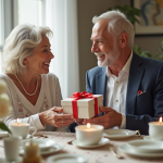 Couple mature échangeant des cadeaux d anniversaire à la maison