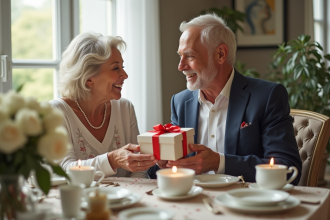Couple mature échangeant des cadeaux d anniversaire à la maison