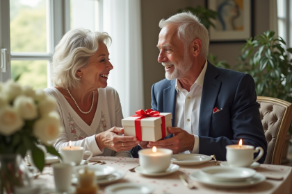 Couple mature échangeant des cadeaux d anniversaire à la maison