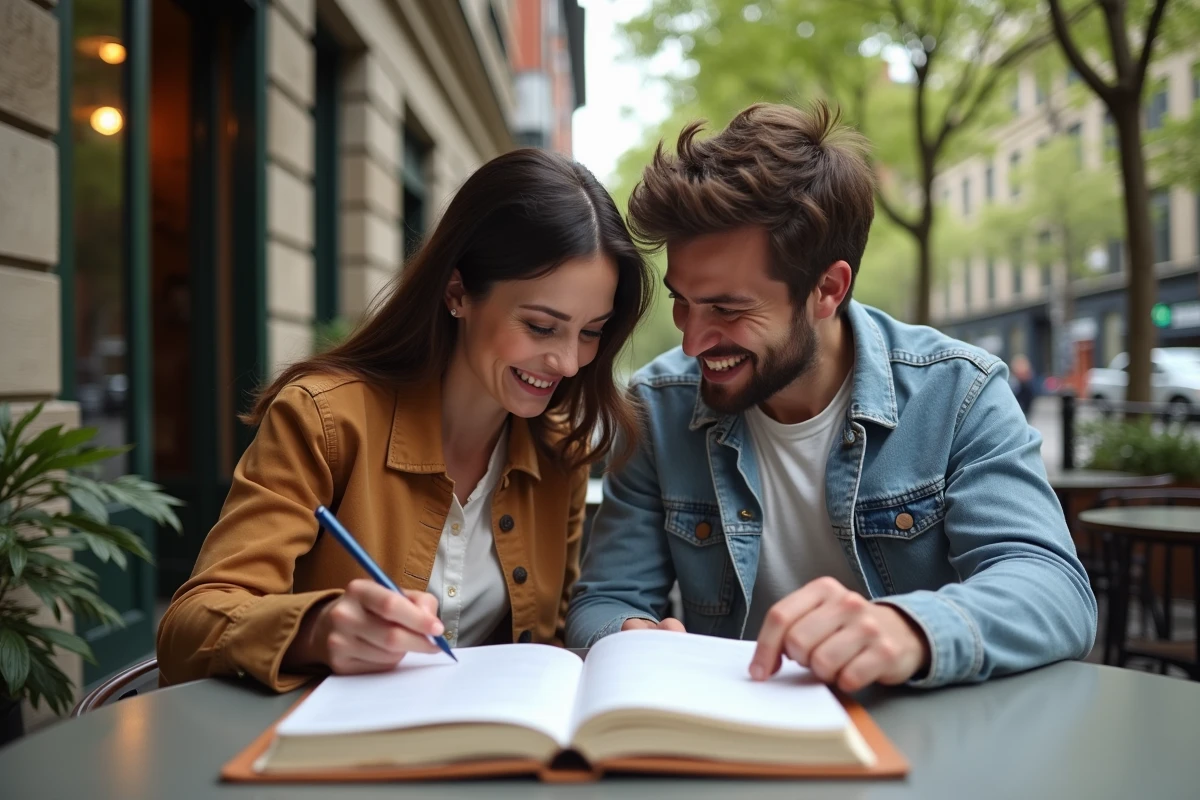 Couple détendu discutant planificateur mariage au café