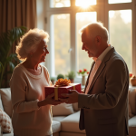 Couple agee echangeant un cadeau dans un salon chaleureux