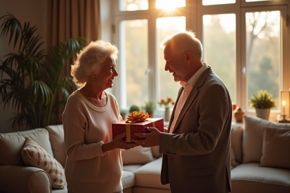 Couple agee echangeant un cadeau dans un salon chaleureux