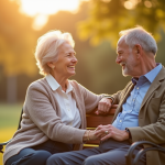 Couple âgé tenant la main dans un parc ensoleillé