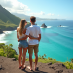 Jeune couple en Hawaii admire la vue océanique