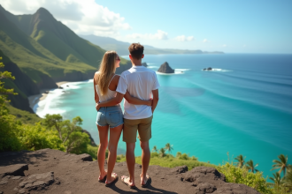 Jeune couple en Hawaii admire la vue océanique