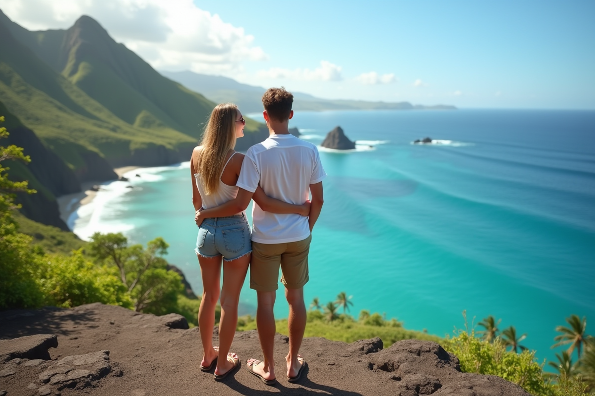 Jeune couple en Hawaii admire la vue océanique