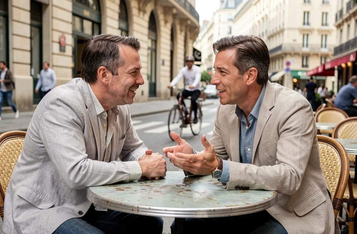 Deux hommes en conversation animée à une terrasse de café parisien, évoquant les rumeurs sur la vie de couple de Stéphane Marie