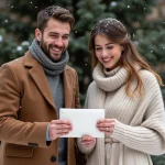 Jeune couple souriant échangeant invitations de mariage en hiver