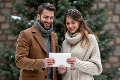Jeune couple souriant échangeant invitations de mariage en hiver