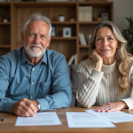 Couple adulte lisant des documents à la maison