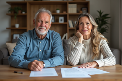 Couple adulte lisant des documents à la maison