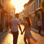 Couple main dans la main dans une rue pavée ensoleillée