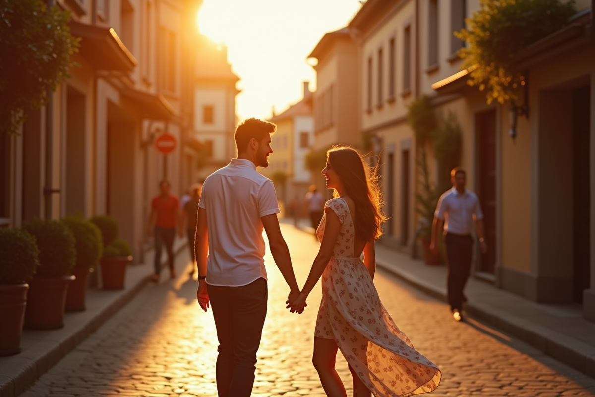 Couple main dans la main dans une rue pavée ensoleillée
