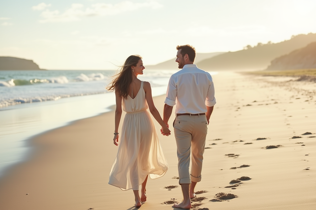 Jeune couple marchant main dans la main sur la plage au coucher du soleil