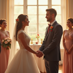 Jeune couple main dans la main lors d'un mariage civil en famille
