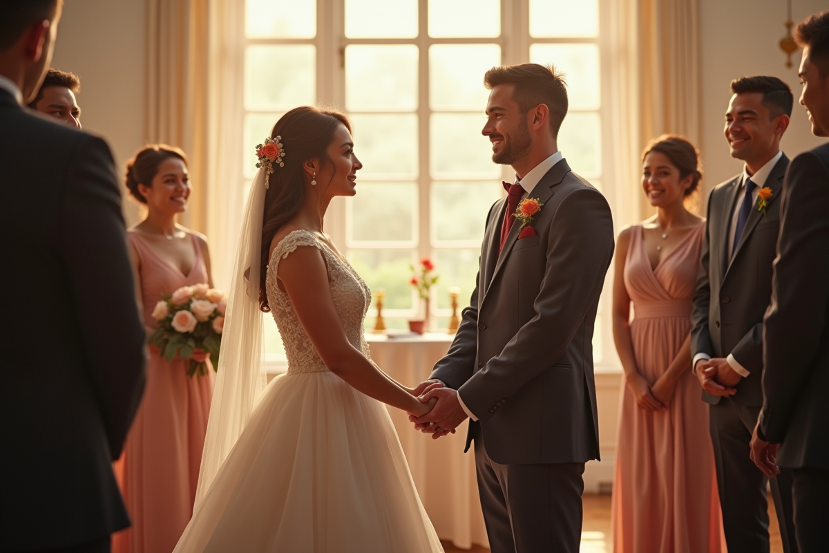 Jeune couple main dans la main lors d'un mariage civil en famille