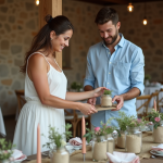 Jeune couple arrangeant des decorations de mariage rustique