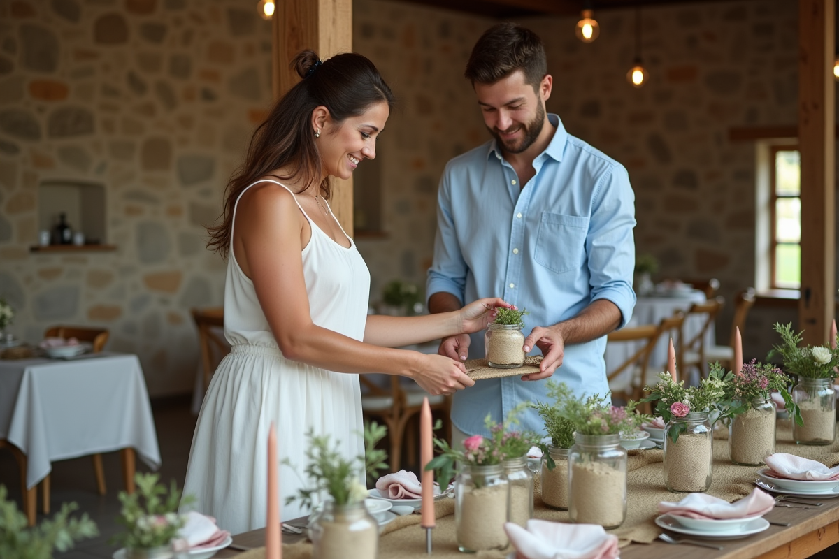 Jeune couple arrangeant des decorations de mariage rustique