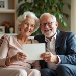 Couple d'anciens mariés souriants avec carte de mariage