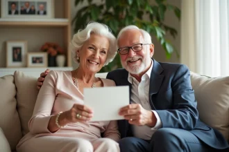 Couple d'anciens mariés souriants avec carte de mariage